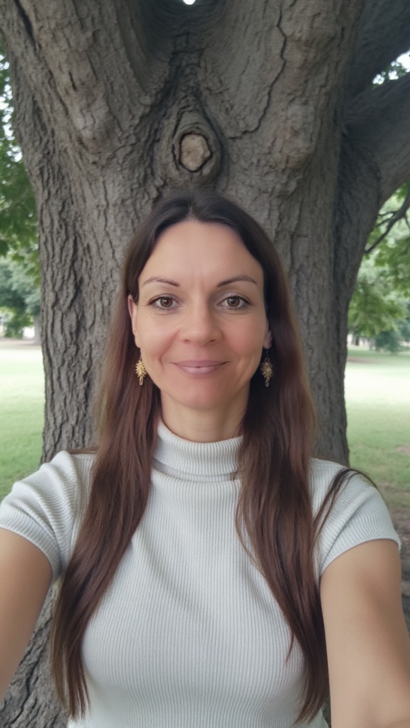 Melanie Gruber vor einer Eiche
